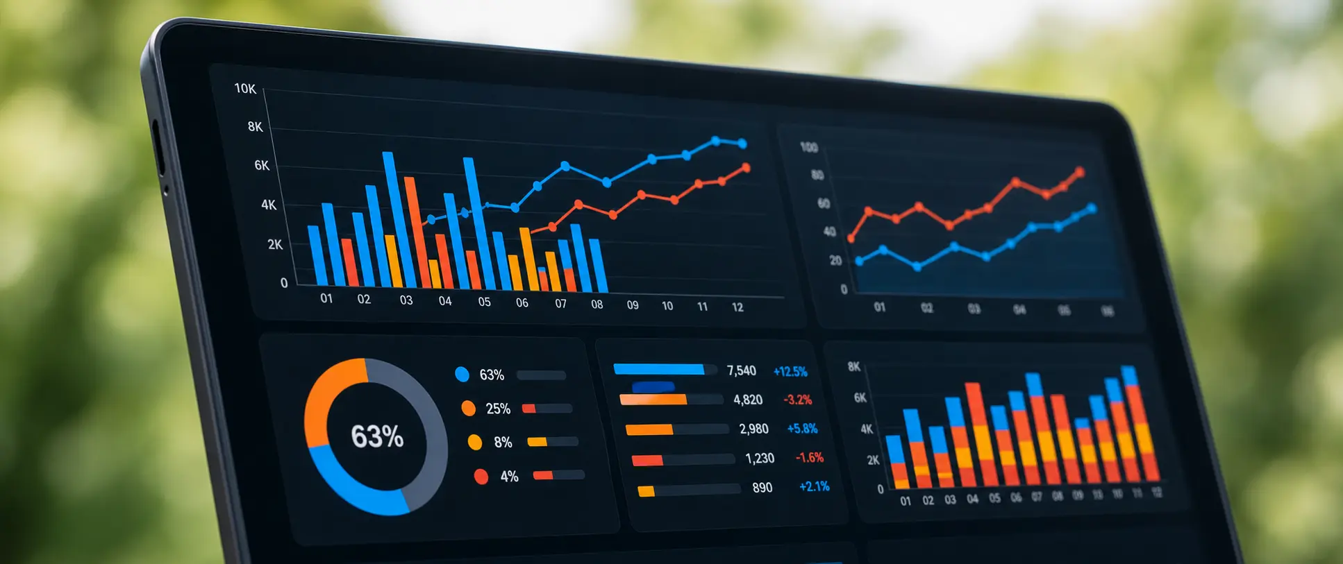 Dark analytics dashboard on a tablet