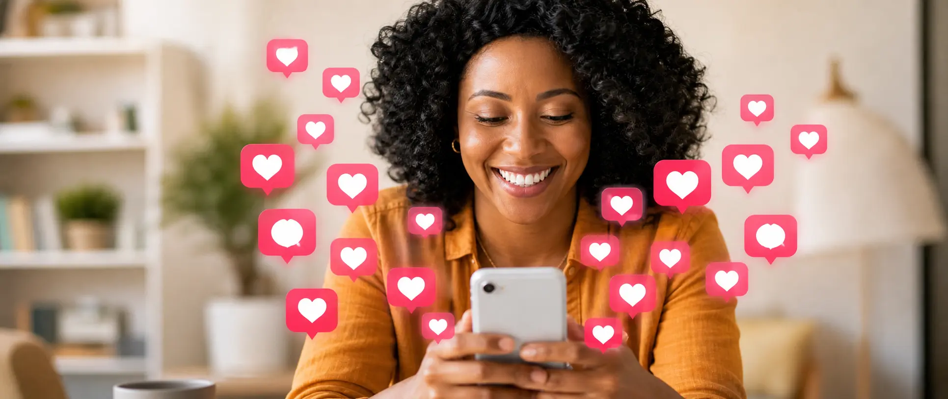 Smiling person using a phone with social reaction icons