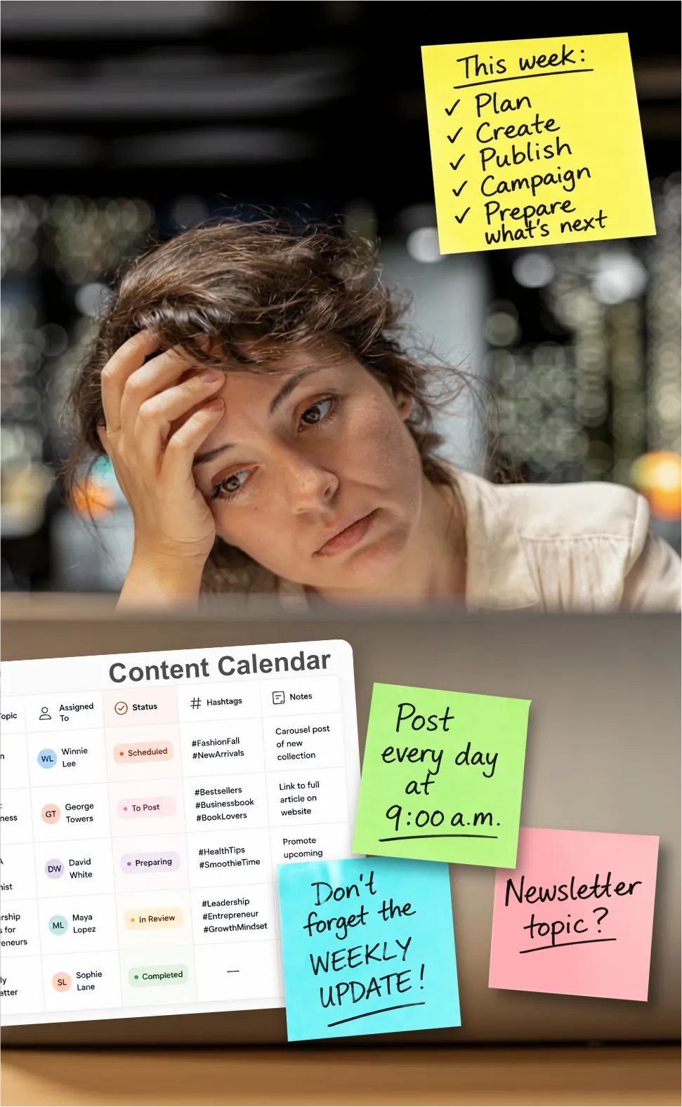 A business owner at a laptop, head in hand, surrounded by sticky-note reminders and an open content calendar.