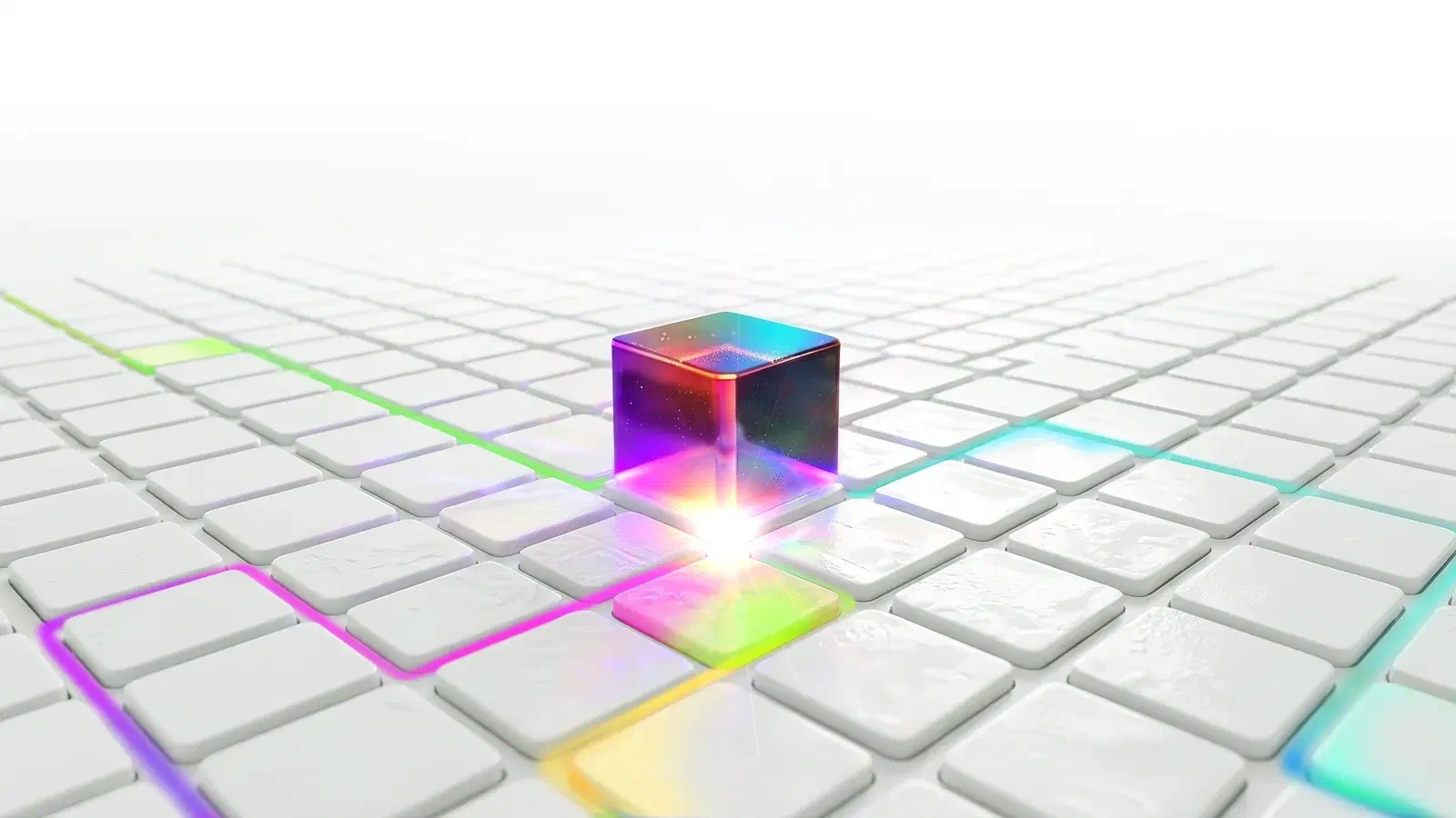 A translucent iridescent cube in violet, red and blue sits on one raised white tile in a vast grid of identical white tiles, with a burst of light at its base. Glowing lines of green, magenta, cyan and yellow light run through the grid and converge on the cube.