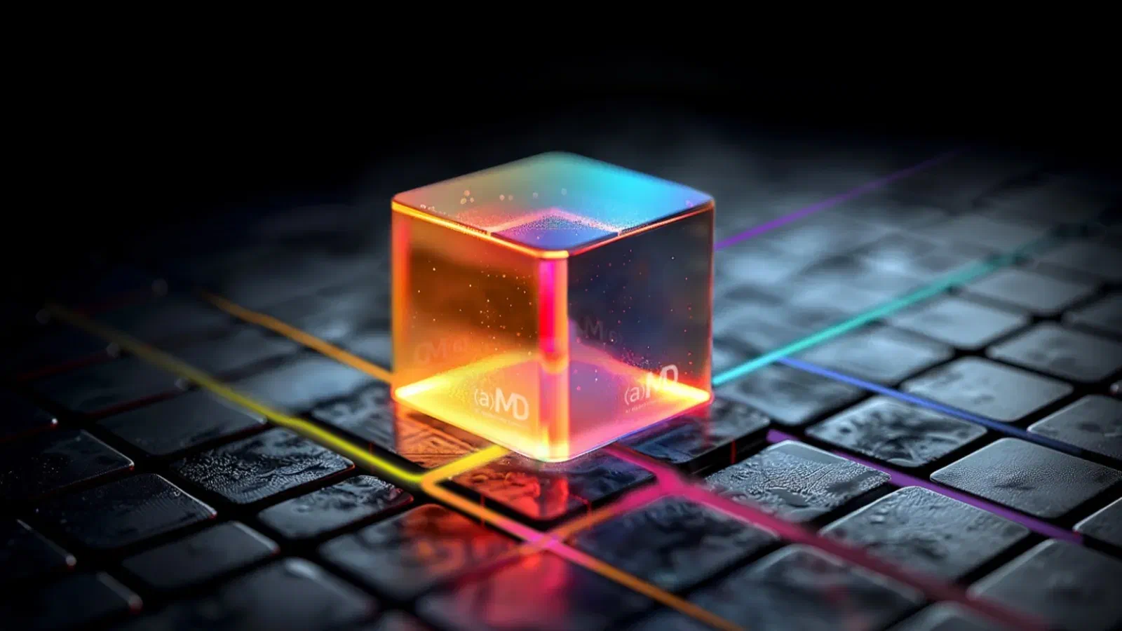 A translucent, glowing cubic crystal representing the non-physical center of an AI focused on providing marketing skills direction rests on a black computer keyboard. Its directives represented by neon light trails in rainbow hues streaking across the keyboard keys. Faint text including “(a)MD” is etched onto the cube’s faces.