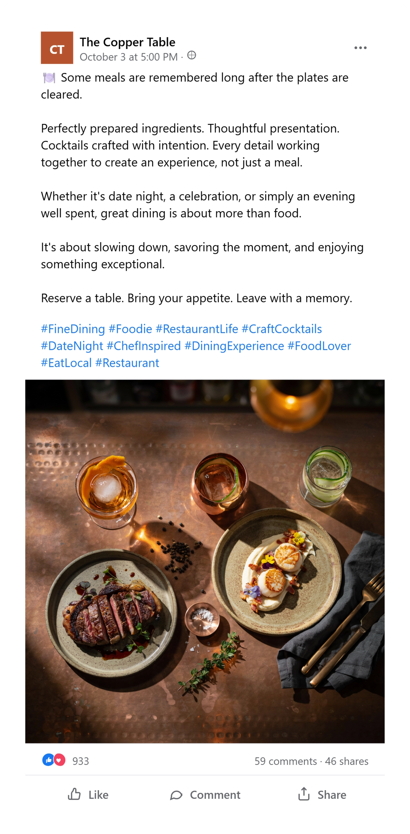 Restaurants Facebook post